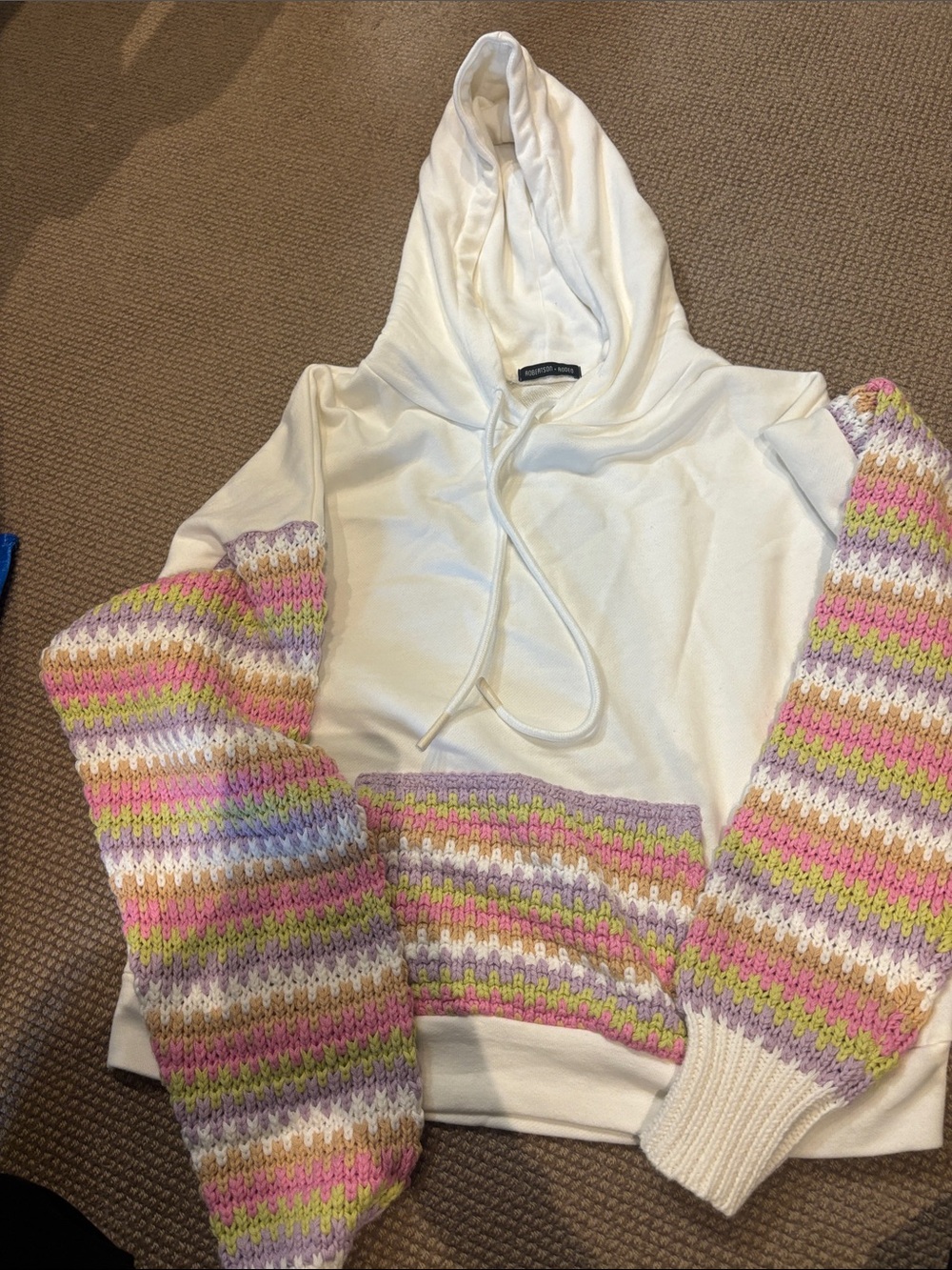 Cream Hoodie with Pastel Striped Knit Sleeves